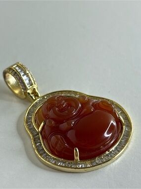 Vintage Red Jade Laughing Buddha Pendant Gold Tone Crystal Halo Statement Charm